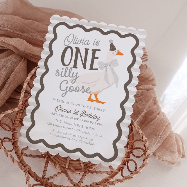 One Silly Goose Beige Bow 1st Birthday Invitation (Creator Uploaded)