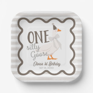 One Silly Goose Beige Bow 1st Birthday Paper Plate