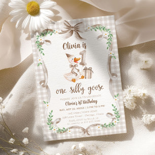 One Silly Goose Beige Brown Bow 1st Birthday Invitation