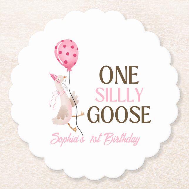 One Silly Goose Birthday, Girl 1st Birthday Pink Paper Coaster (Front)