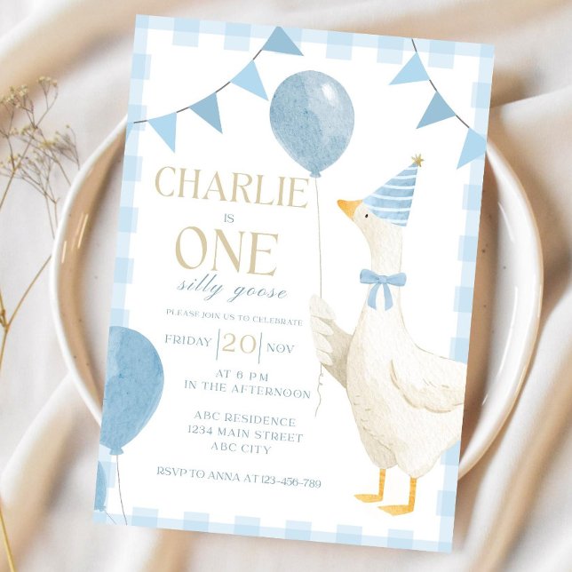 One Silly Goose Birthday Invitation Blue Gingham  (Creator Uploaded)