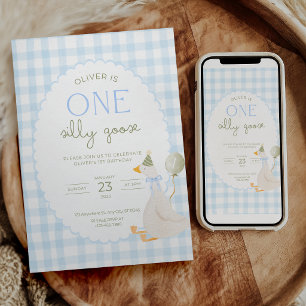 One Silly Goose Birthday Invite Blue Gingham