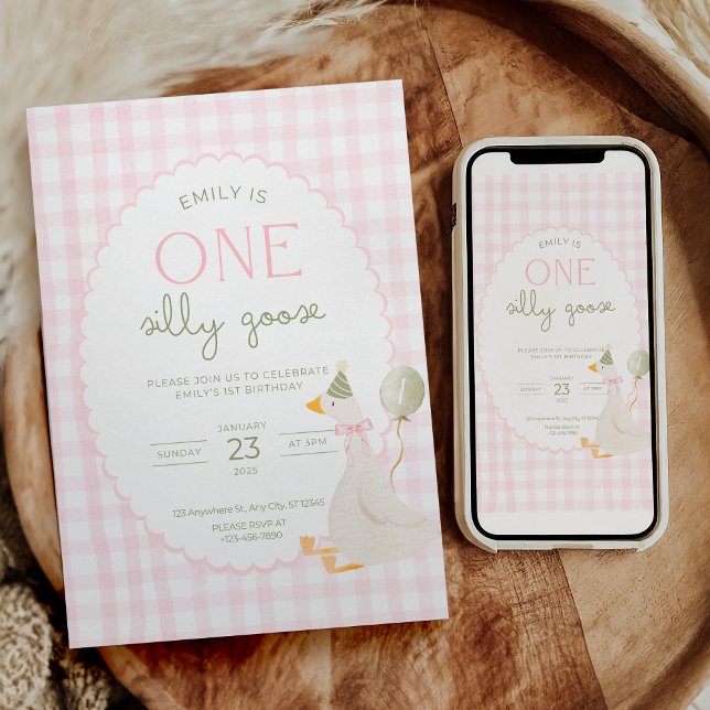 One Silly Goose Birthday Invite Pink Gingham (Creator Uploaded)