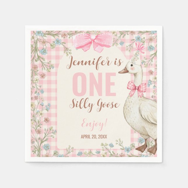 One Silly Goose Birthday Pink Gingham  Napkin (Front)