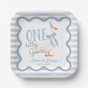One Silly Goose Blue Bow 1st Birthday Cake Paper Plate