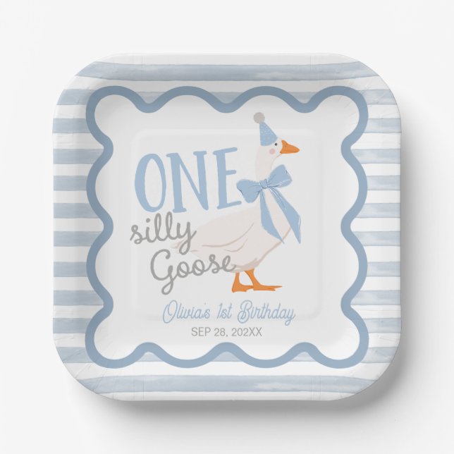One Silly Goose Blue Bow 1st Birthday Cake Paper Plate (Front)
