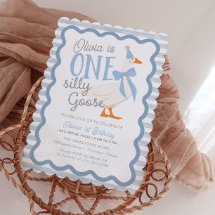 One Silly Goose Blue Bow 1st Birthday Invitation