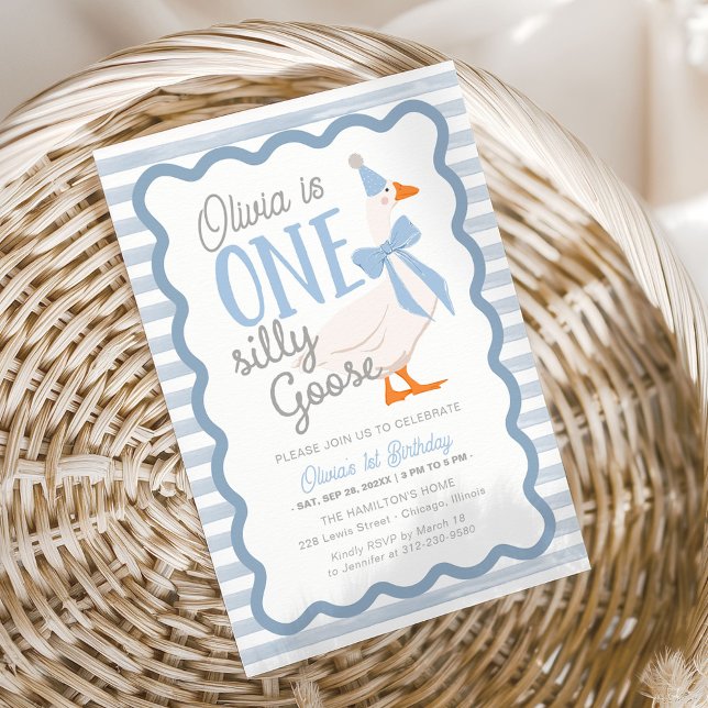 One Silly Goose Blue Bow 1st Birthday Invitation (Creator Uploaded)