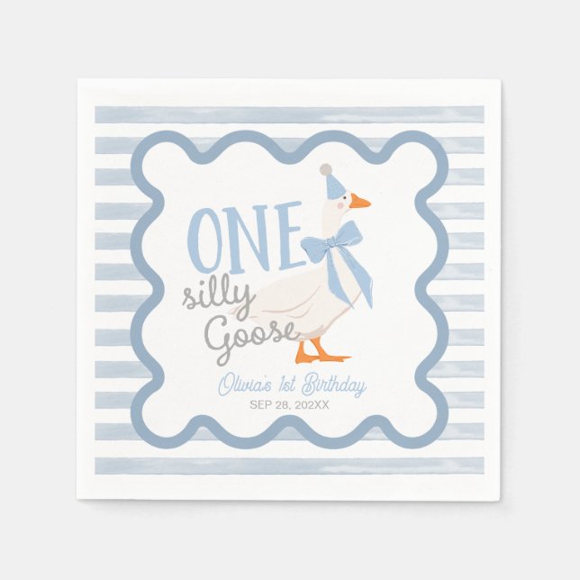 One Silly Goose Blue Bow 1st Birthday Napkin (Front)