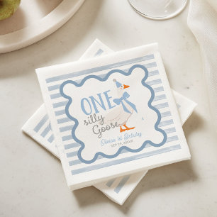 One Silly Goose Blue Bow Boy 1st Birthday Napkin