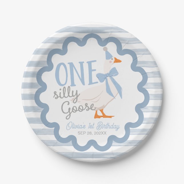 One Silly Goose Blue Bow Boy 1st Birthday Paper Plate (Front)