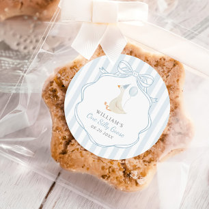One Silly Goose Blue Bow First Birthday Classic Round Sticker