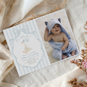 One Silly Goose Blue Bow First Birthday Photo Invitation
