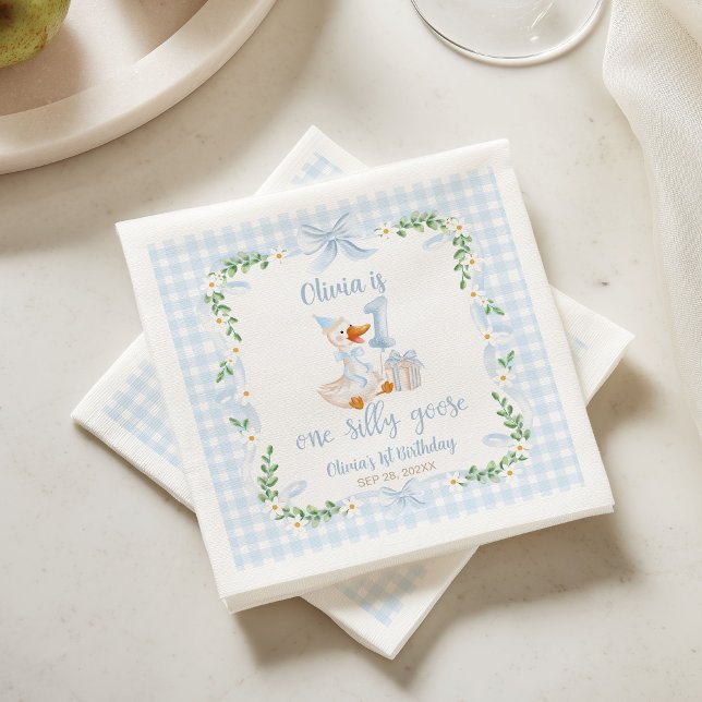 One Silly Goose Blue Bow Floral 1st Birthday Napkin (Creator Uploaded)