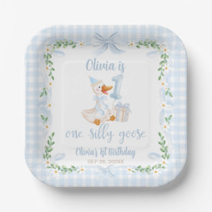 One Silly Goose Blue Bow Floral 1st Birthday Paper Plate
