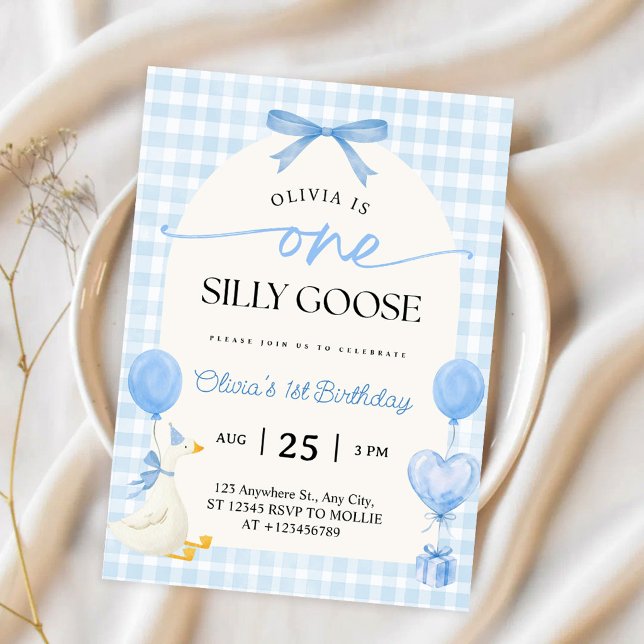 One Silly Goose Blue Bow Gingham 1st Birthday Invitation (Creator Uploaded)