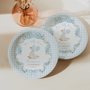 One Silly Goose Blue Bow Gingham 1st Birthday Paper Plate