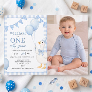 One Silly Goose Blue Boy 1st Birthday Invitation