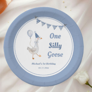 One Silly Goose Blue Boy 1st Birthday Paper Plate
