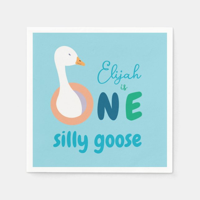 One Silly Goose Blue Boy First Birthday Party   Napkin (Front)