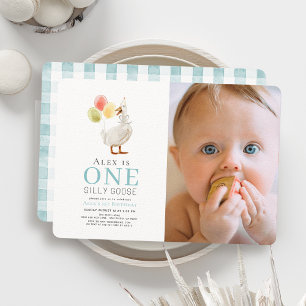 One Silly Goose Blue Boy Photo 1st Birthday Invitation