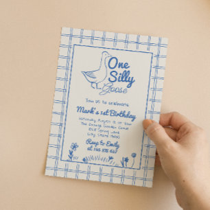 One Silly Goose Blue Drawn 1st Boy Birthday  Invitation
