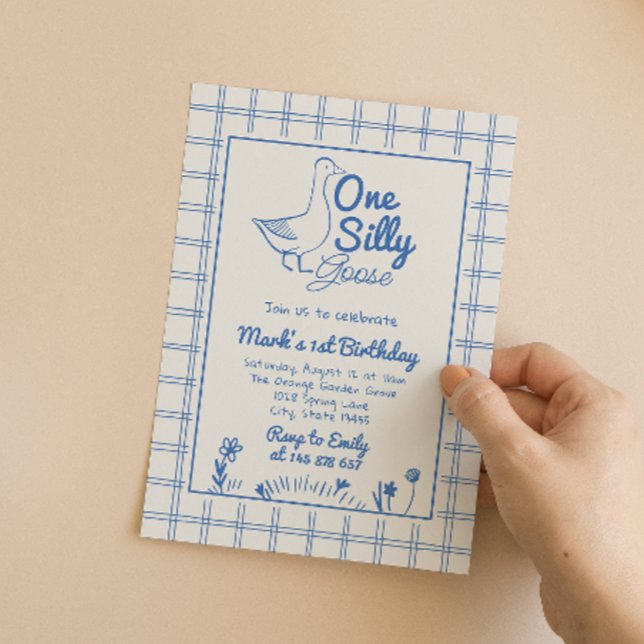One Silly Goose Blue Drawn 1st Boy Birthday  Invitation (Creator Uploaded)