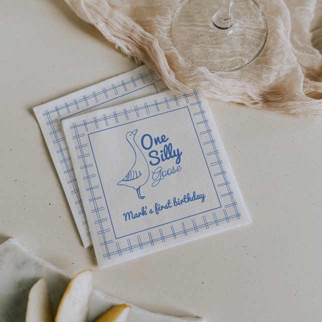 One Silly Goose Blue Drawn 1st Boy Birthday  Napkin (Creator Uploaded)