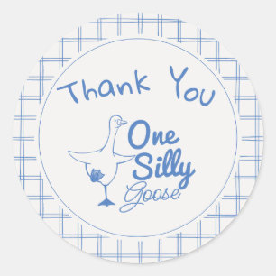 One Silly Goose Blue Drawn Thank You 1st Birthday Classic Round Sticker