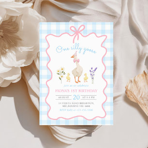 One Silly Goose Blue Gingham 1st Birthday Invitation