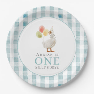 One Silly Goose Blue Gingham 1st Birthday Paper Plate