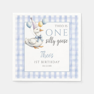 One Silly Goose Blue Gingham Balloons Birthday Napkin
