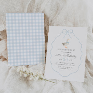 One Silly Goose Blue Gingham Bow Bow 1st Birthday Invitation