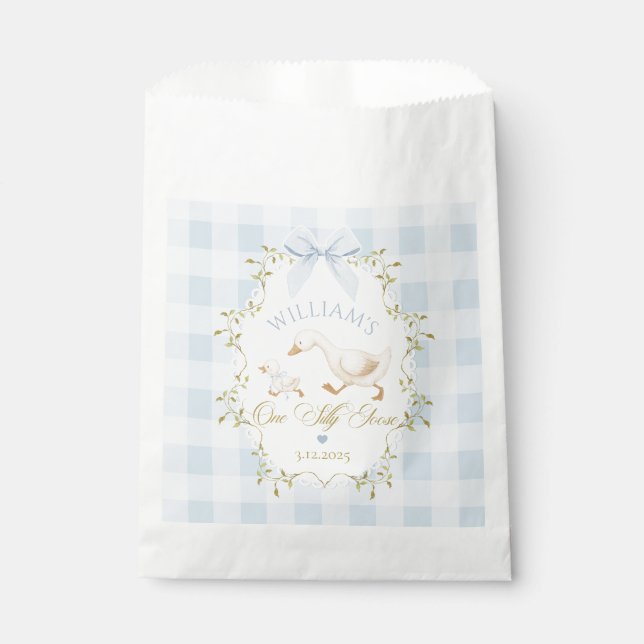 One Silly Goose Blue Gingham Boy 1st Birthday Favour Bag (Front)