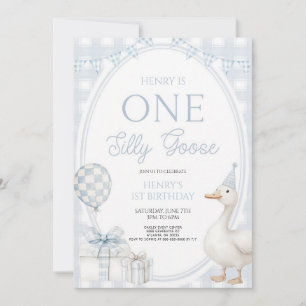 One Silly Goose Blue Gingham Boy 1st Birthday Invitation