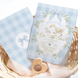 One Silly Goose Blue Gingham Boy 1st Birthday Invitation