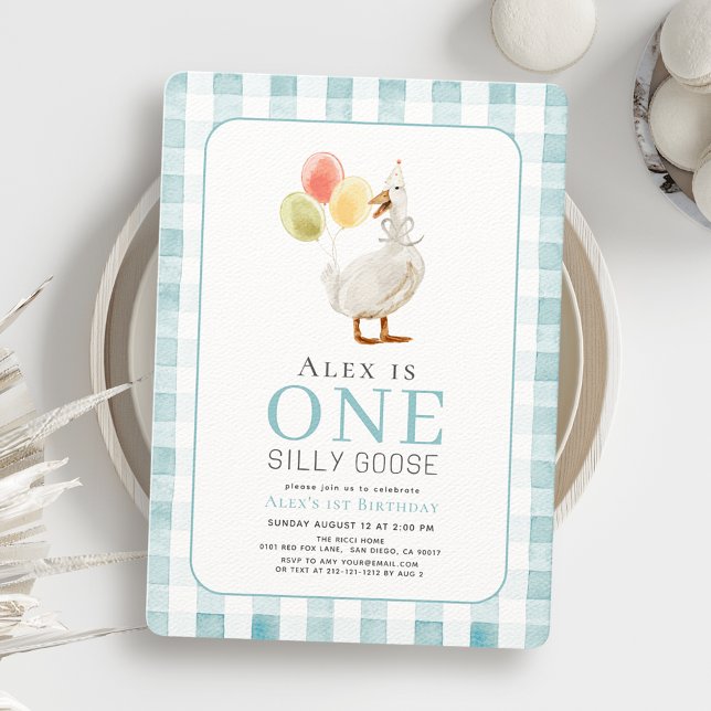 One Silly Goose Blue Gingham Boy 1st Birthday Invitation (Creator Uploaded)