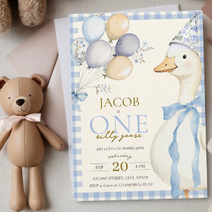 One Silly Goose Blue Gingham Boy 1st Birthday Invitation