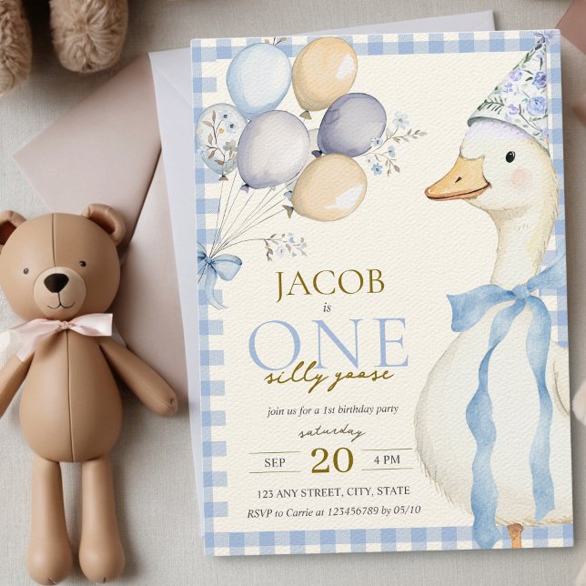 One Silly Goose Blue Gingham Boy 1st Birthday Invitation (One Silly Goose Boy's 1st Birthday Blue Gingham Invitation Watercolor Aesthetic Farm Animals)