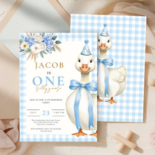 One Silly Goose Blue Gingham Boy 1st Birthday Invitation