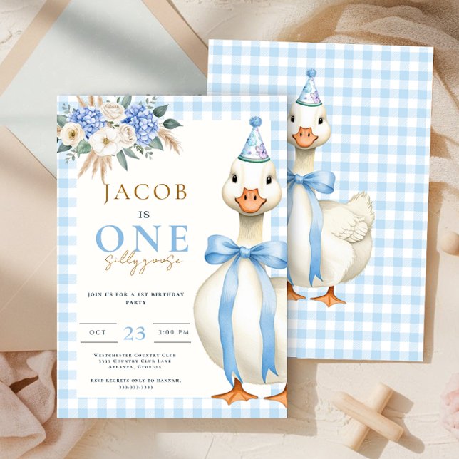 One Silly Goose Blue Gingham Boy 1st Birthday Invitation (Creator Uploaded)