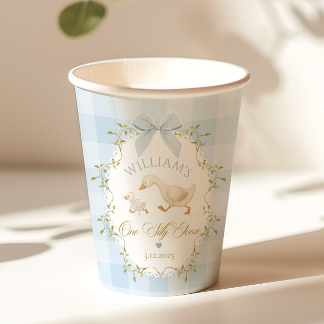 One Silly Goose Blue Gingham Boy 1st Birthday Paper Cups (Creator Uploaded)