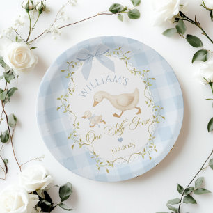One Silly Goose Blue Gingham Boy 1st Birthday Paper Plate