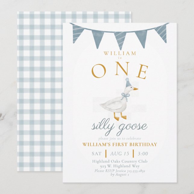 ONE Silly Goose Blue Gingham Boy First Birthday  Invitation (Front/Back)