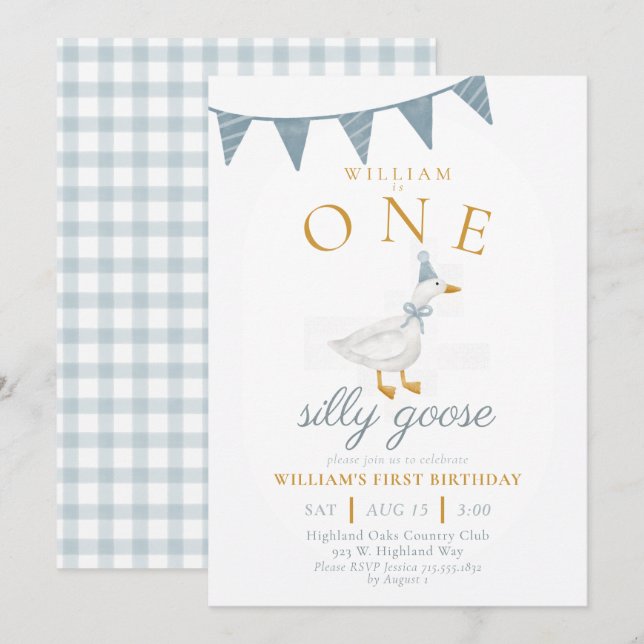 ONE Silly Goose Blue Gingham Boy First Birthday  Invitation (Front/Back)