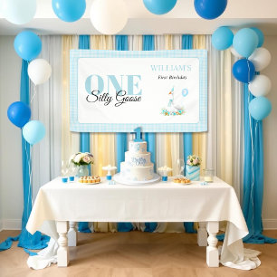 One silly goose, blue gingham boy's 1st birthday banner