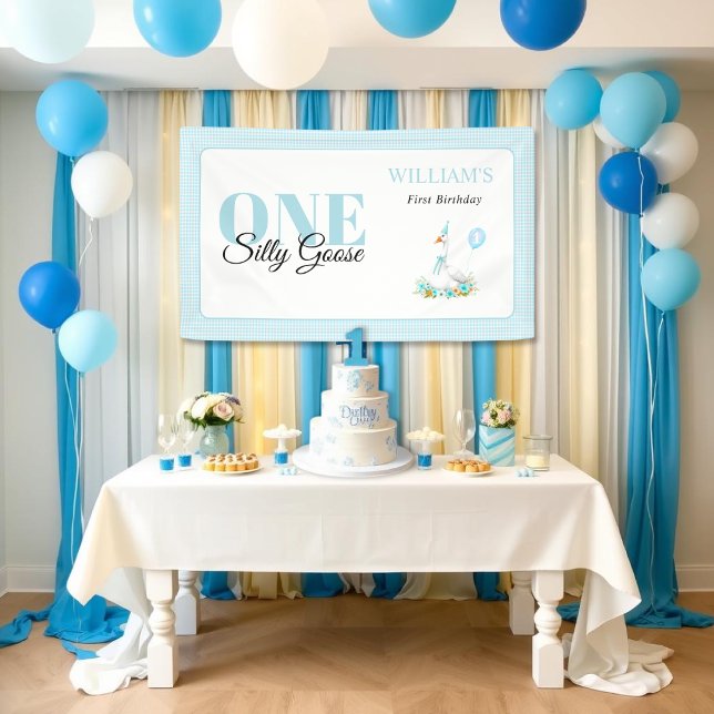 One silly goose, blue gingham boy's 1st birthday banner (Creator Uploaded)