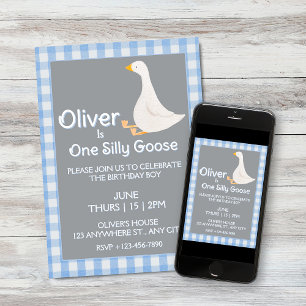 One Silly Goose Blue Gingham Boy's Birthday Party Invitation