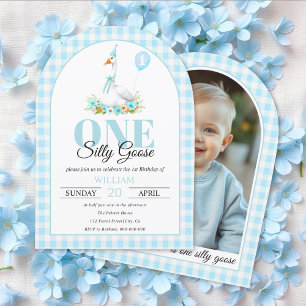 One silly goose, blue gingham boy's first birthday invitation