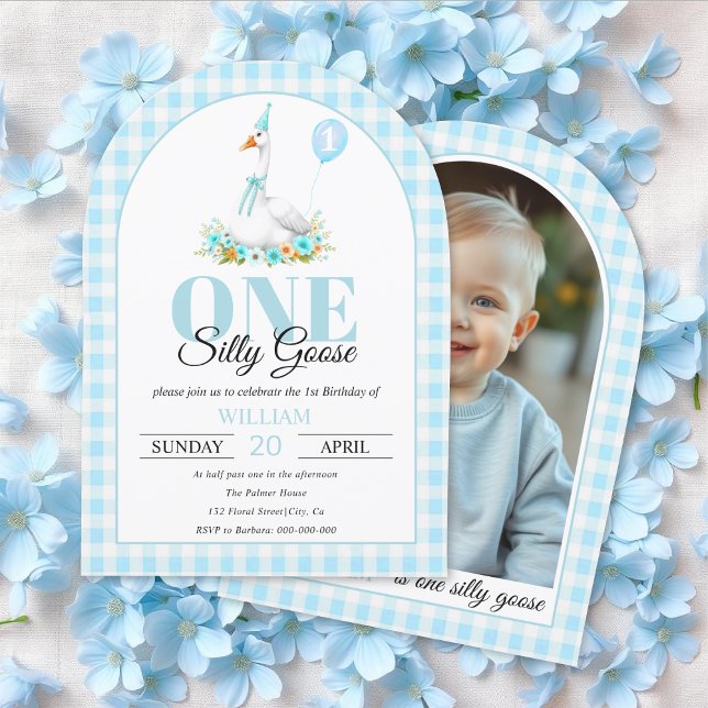 One silly goose, blue gingham boy's first birthday invitation (Creator Uploaded)